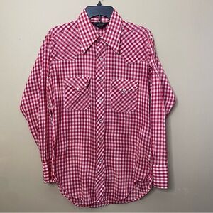 Sears Western Wear Shirt Size Medium Red Gingham Plaid Pearl Snap Vintage 70s